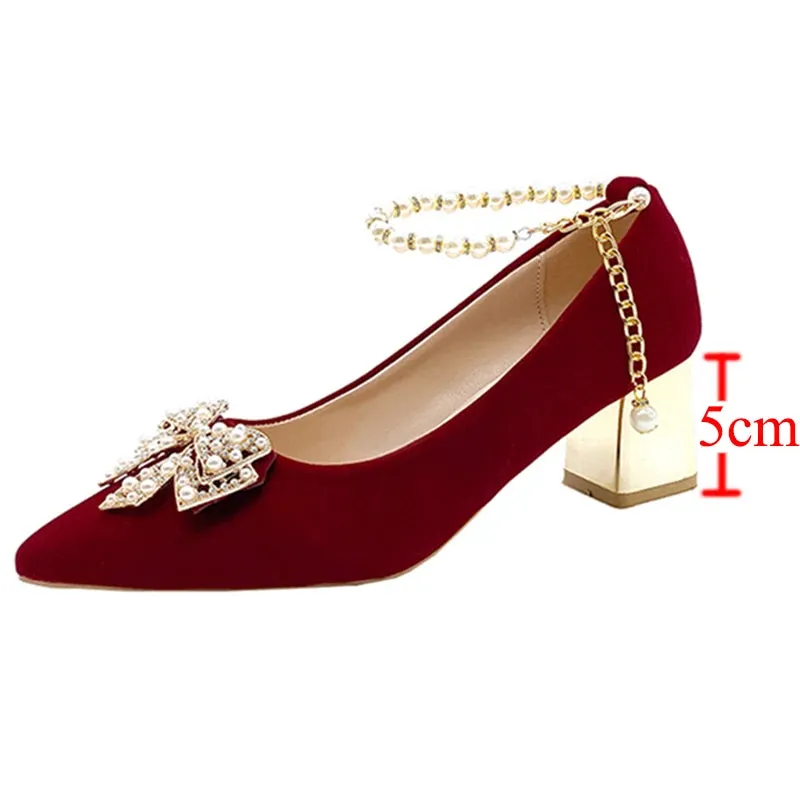 Red Pearl Bowknot String Bead High Heels Pumps