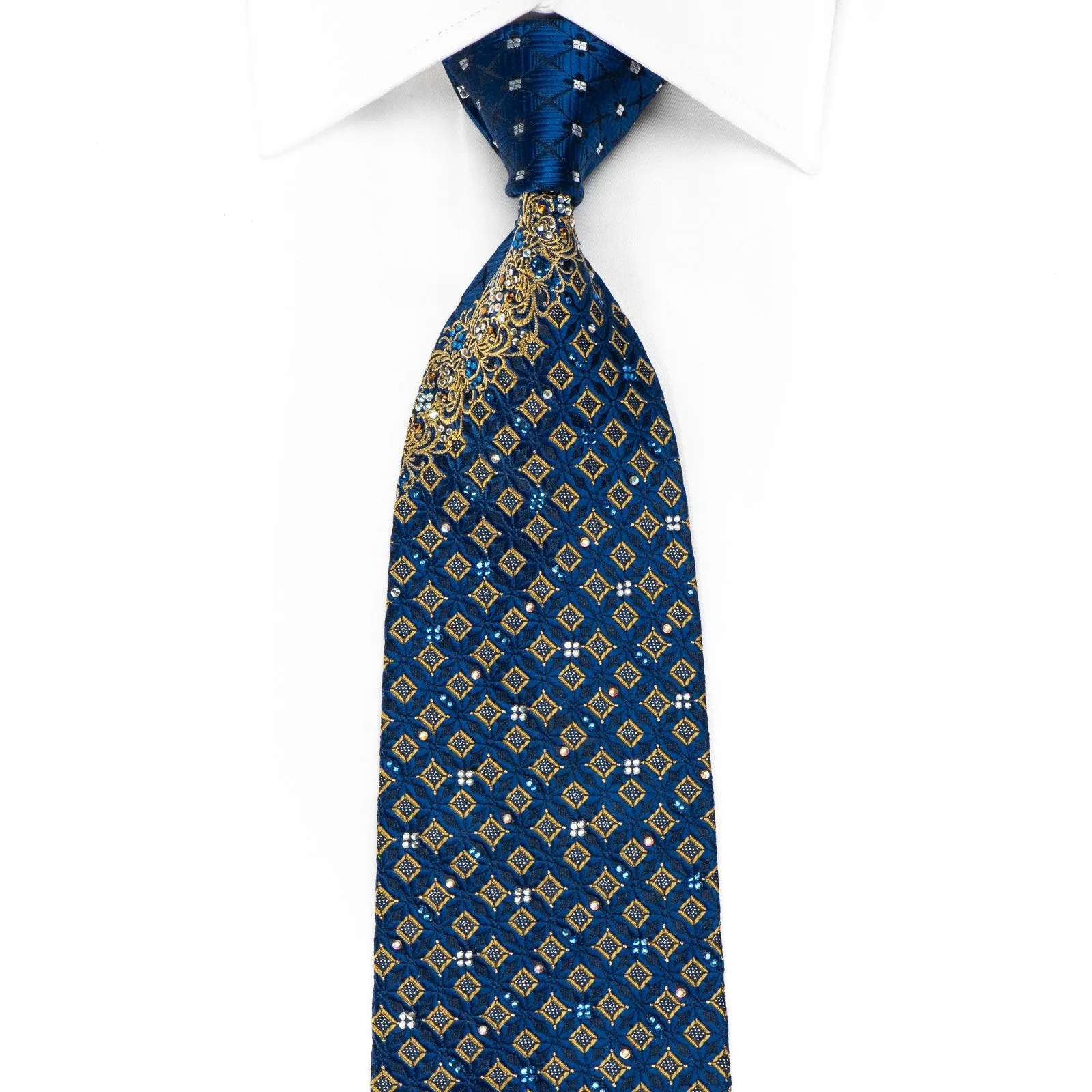 Renoma Men's Crystal Rhinestone Silk Necktie Gold Cartouche & Geometric On Blue With Sparkles