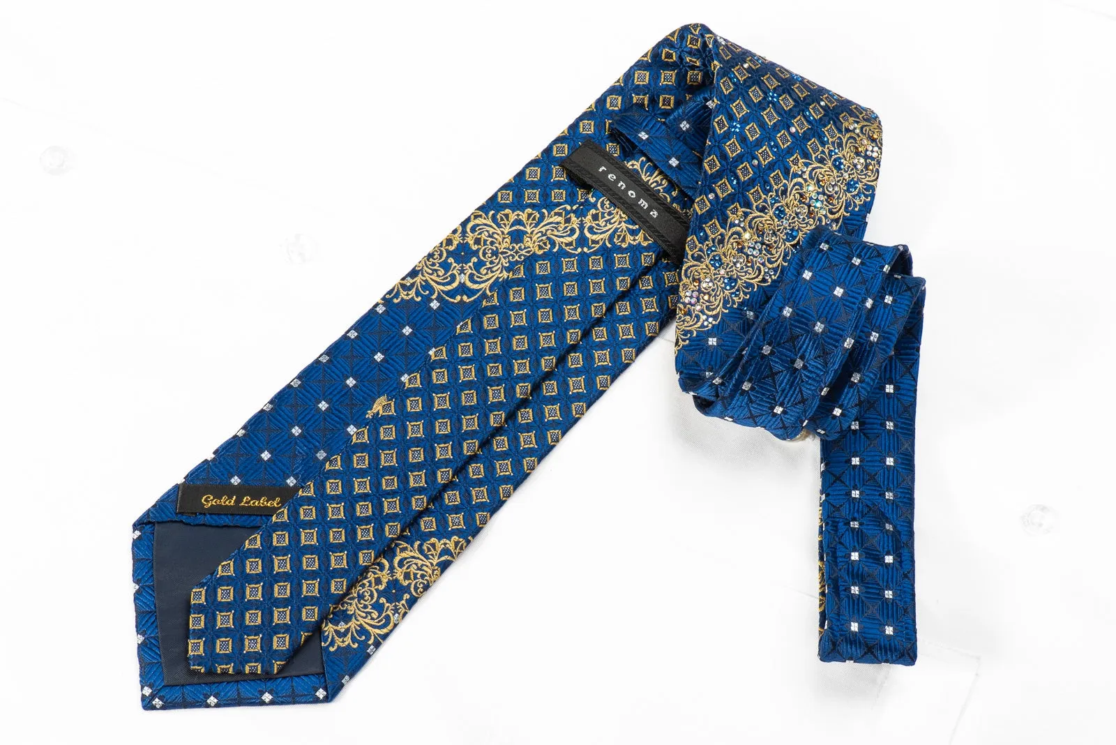 Renoma Men's Crystal Rhinestone Silk Necktie Gold Cartouche & Geometric On Blue With Sparkles