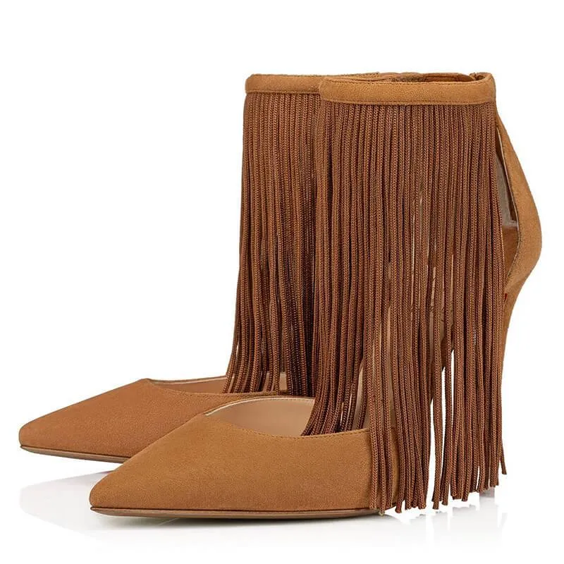 Sexy Suede Fringe Pointed Toe Zipper High Heels