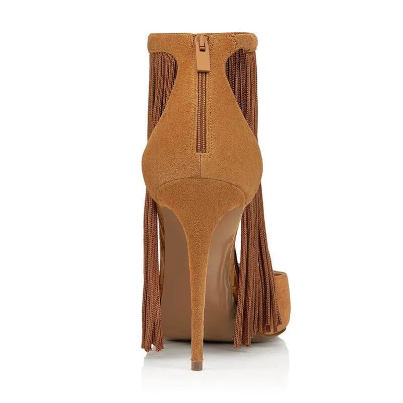 Sexy Suede Fringe Pointed Toe Zipper High Heels