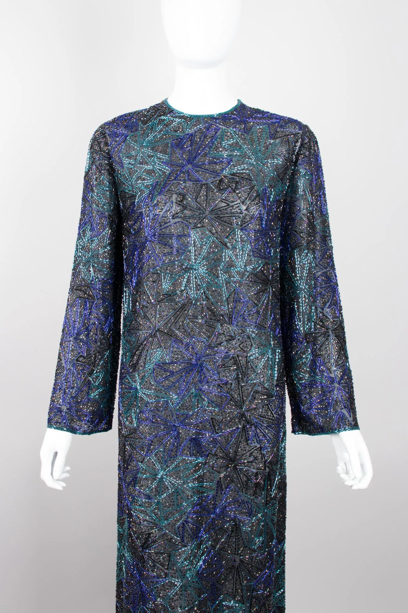 Sheer Blue Beaded Shift Gown