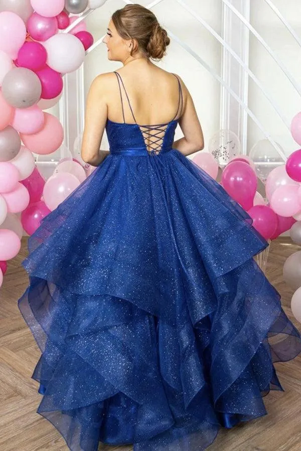Shiny V Neck Backless Fluffy Blue Long Prom Dress Formal Dress TP1010