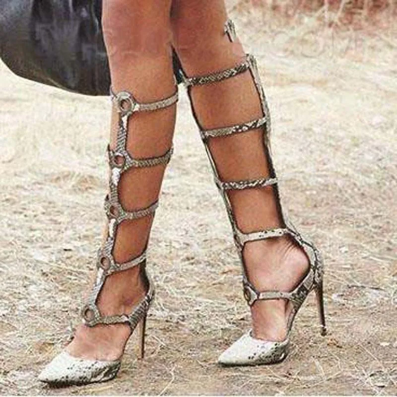 Snakeskin Cutout Pointed Toe Knee High High Heel