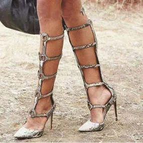 Snakeskin Cutout Pointed Toe Knee High High Heel