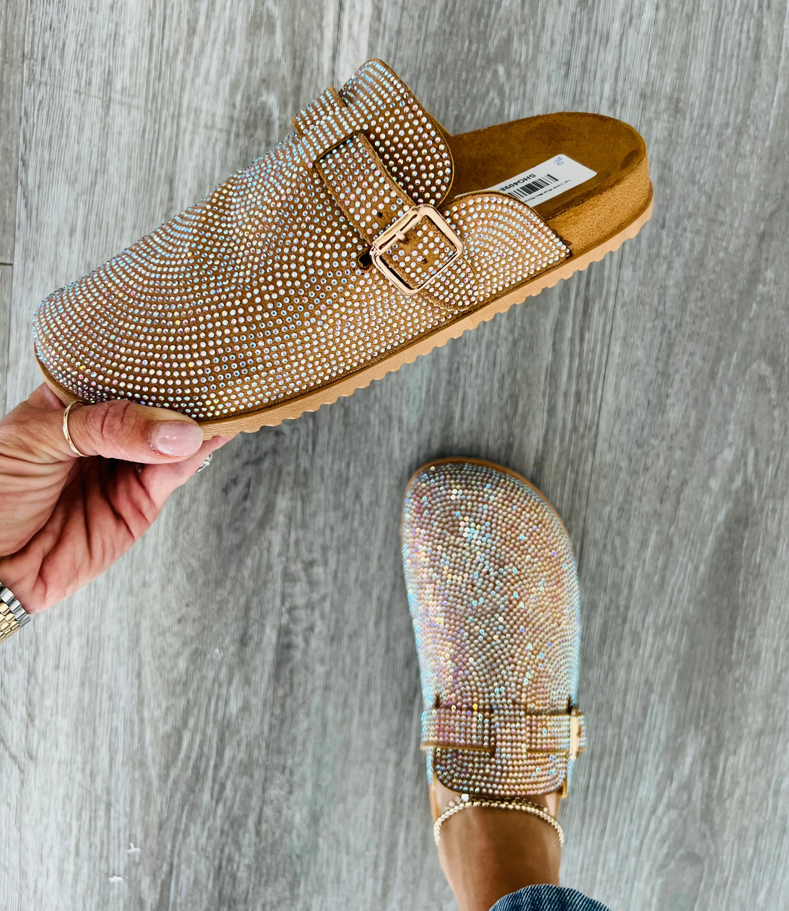 Tan Come What May Rhinestone Slip-Ons