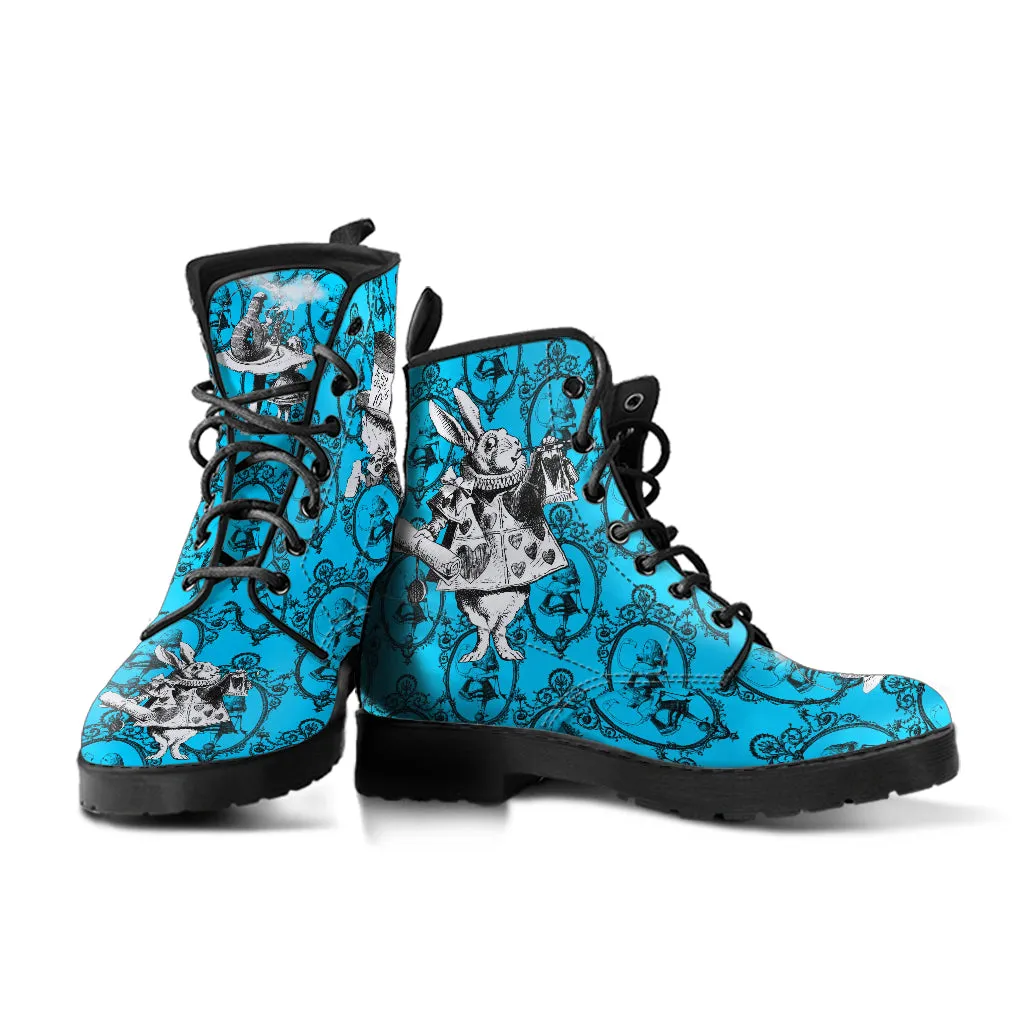 Turquoise Alice in Wonderland Vegan Leather Combat Boots - Mad Hatter Tea Party Costume (REGTA1)