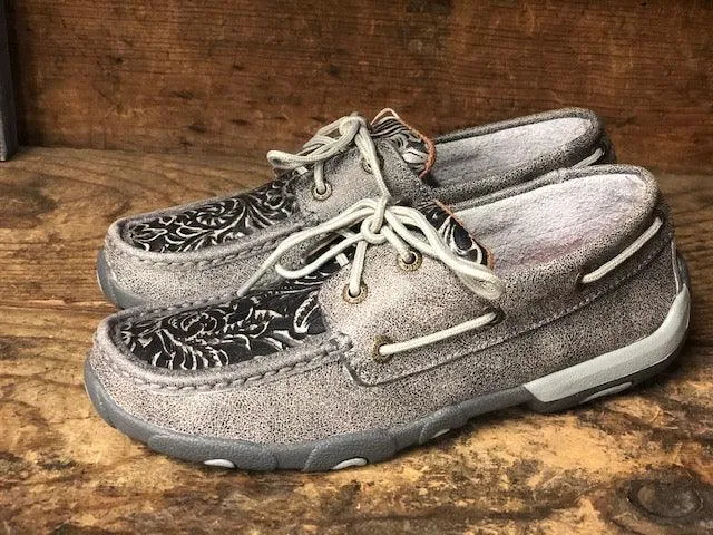Twisted X Women's Grey Tooled Boat Shoe Driving Mocs WDM0130