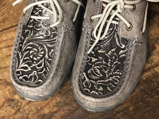 Twisted X Women's Grey Tooled Boat Shoe Driving Mocs WDM0130
