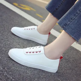 White Lace Up Round Toe Leather Letter Print Flats