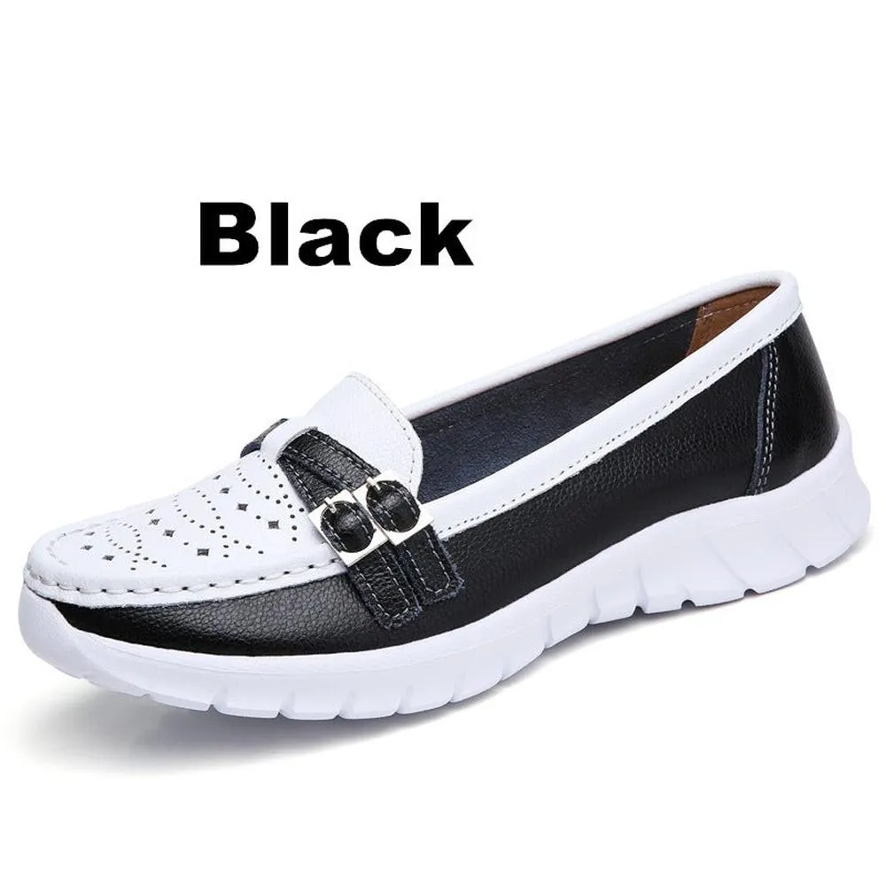 Women Genuine Leather Flats Moccasin Loafers Slip On Hollow EVA Shoes
