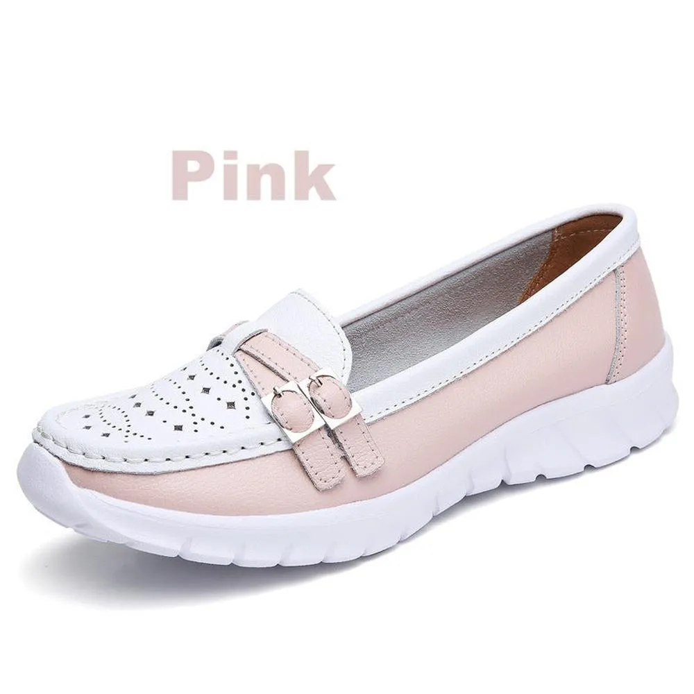 Women Genuine Leather Flats Moccasin Loafers Slip On Hollow EVA Shoes