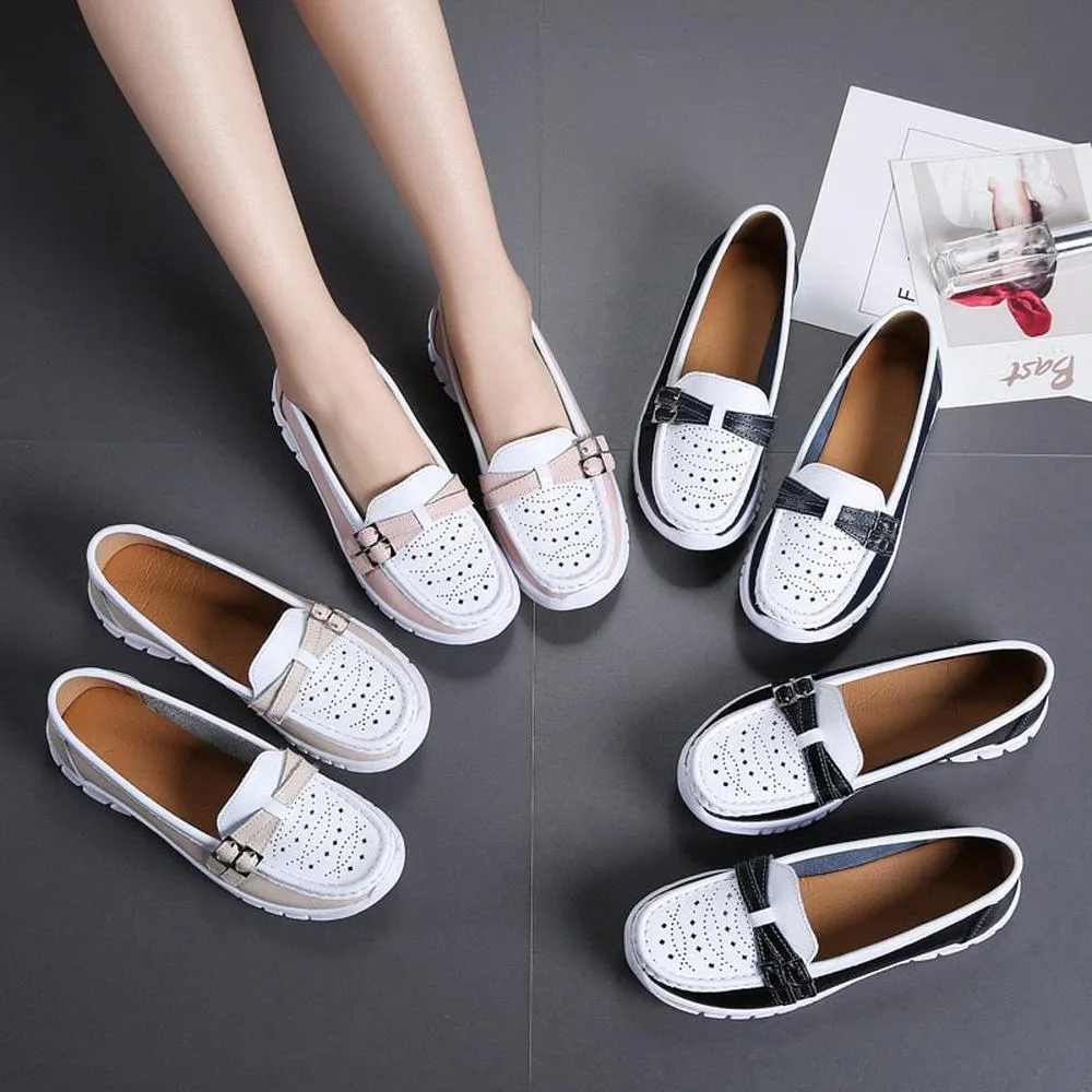 Women Genuine Leather Flats Moccasin Loafers Slip On Hollow EVA Shoes