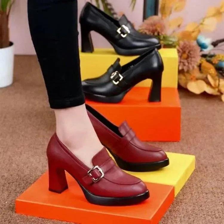 Women High Heels Shoes Pointed Toe Thick Heel Soft Sexy Pu Leather Slip on