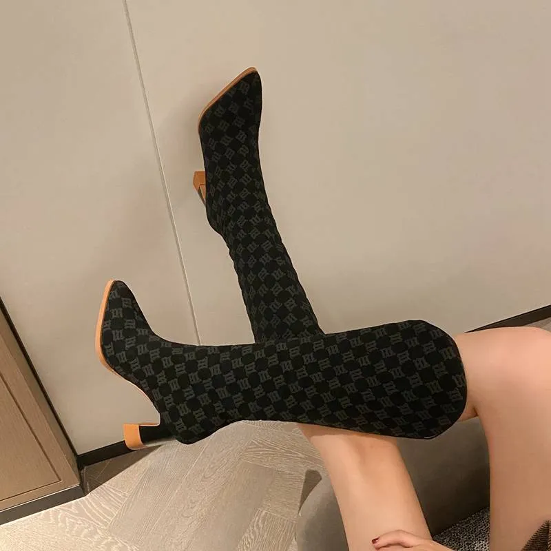 Women Knee-high Boots Pointed Toe Chunky Heels