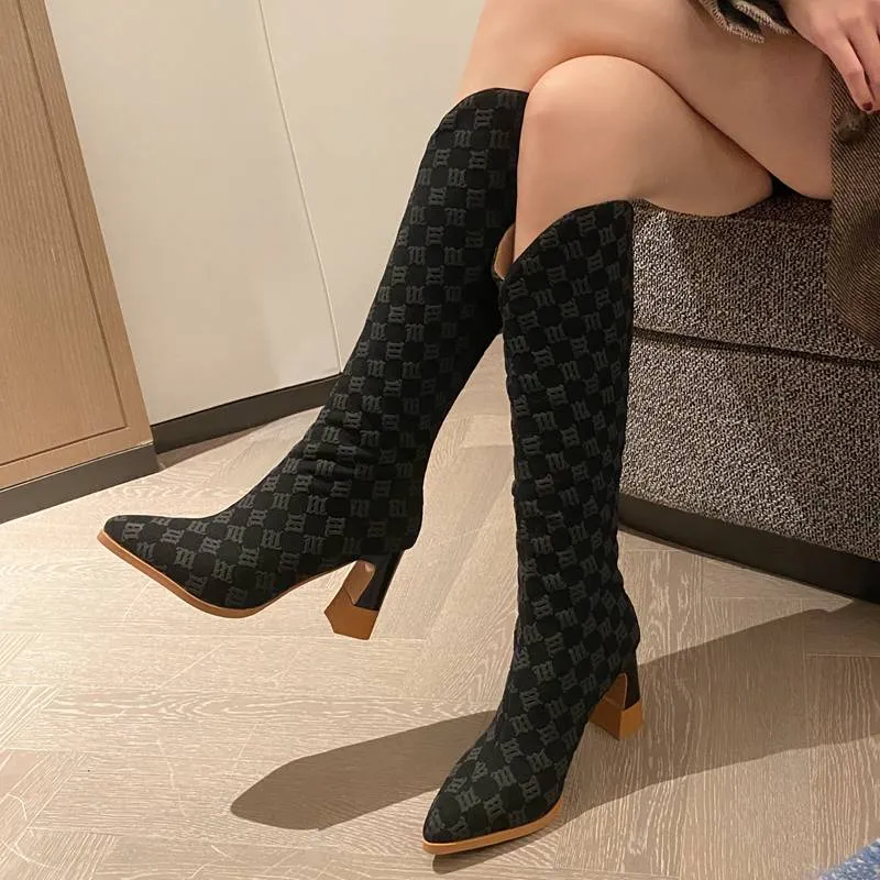 Women Knee-high Boots Pointed Toe Chunky Heels