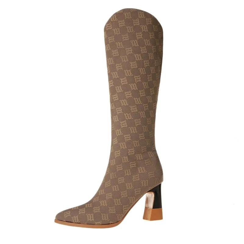 Women Knee-high Boots Pointed Toe Chunky Heels