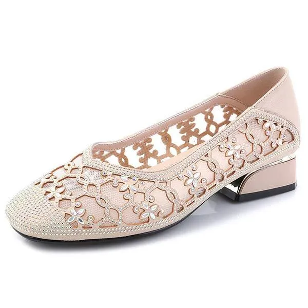 Women's Soft Sole Mesh Floral Single Shoes with Hotfix Rhinestone Embellishments 51124528C