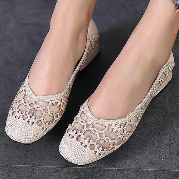 Women's Soft Sole Mesh Floral Single Shoes with Hotfix Rhinestone Embellishments 51124528C