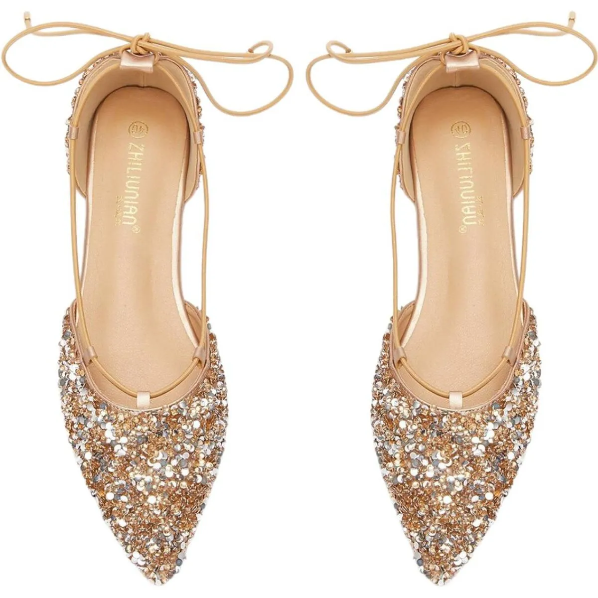 Women's Wedding Shoes Gold Pointed Toe Lace-up Flat Heel Bridal Shoes