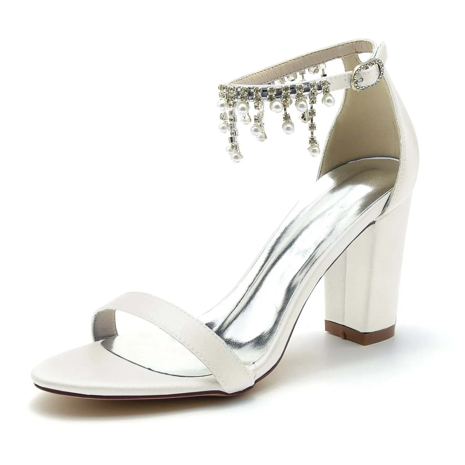 Women's Wedding Shoes Peep Toe Chunky Heel Rhinestone Ankle Strap Bridal Shoes