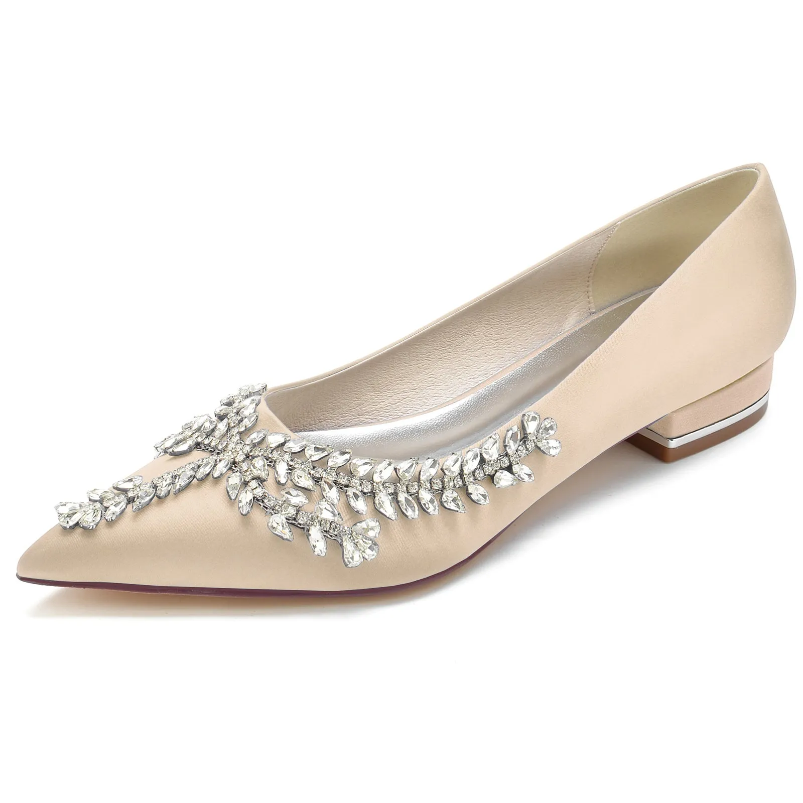 Women's Wedding Shoes Silk Satin Rhinestone Low Heel Closed Toe Bridal Shoes