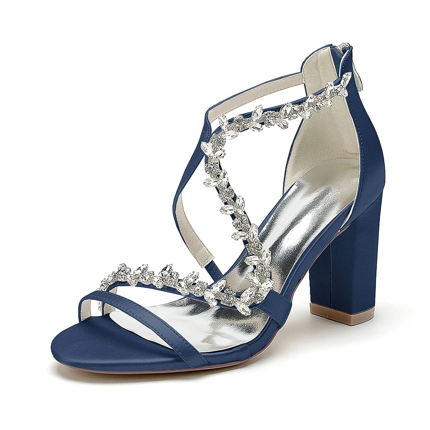Women's Wedding Shoes White Crossed Rhinestone Open Toe Chunky Heel Bridal Shoes